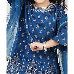 Babyhug Woven 3/4th Sleeves Foil Printed Kurti Gharara & Net Dupatta Set - Teal Blue