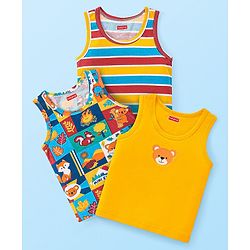 Babyhug 100% Cotton Sleeveless Sandos With Stripes & Animal Print Pack of 3 - Yellow & Blue
