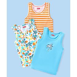 Babyhug 100% Cotton Single Jersey Knit Sleeveless Sandos with Stripes & Tropical Theme Print Pack of 3 - Orange & Blue