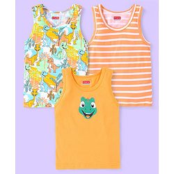 Babyhug 100 % Cotton Knit Sleeveless Striped & Dino Printed Sandos Pack of 3 - Orange & White