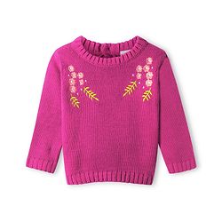 Babyhug Knitted Full Sleeves Pullover Sweater With Floral Embroidery - Fuchsia