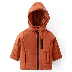 Babyhug Cotton Knit Full Sleeves Solid Colour Padded Hooded Winter Jacket with Pockets - Rust Orange
