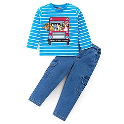 Babyhug Cotton Knit Full Sleeves Striped T-Shirt & Denim Pants Set With Animals Print - Sky Blue
