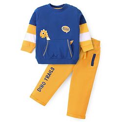 Babyhug Cotton Knit Doctor Sleeves T-Shirt & Lounge Pants Set With Kangaroo Pocket & Dino Applique - Blue & Yellow