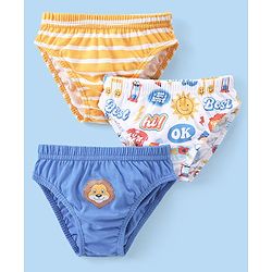 Babyhug Single Jersey Cotton Knit Briefs With Stripes & Lion Print Pack Of 3 - Blue White & Yellow
