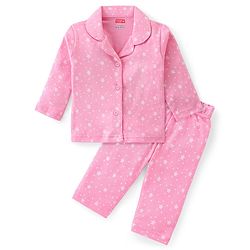 Babyhug Cotton Knit Full Sleeves Collar Neck Front Open Night Suit with Star Print - Pink