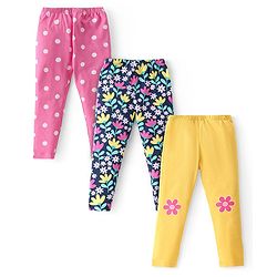 Babyhug Cotton Lycra Knit Full Length Stretchable Leggings with Floral & Polka Dots Print Pack of 3 - Multicolour