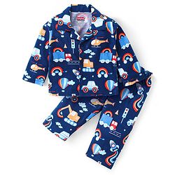 Babyhug Cotton Knit Full Sleeves Front Open Night Suit With Vehicles Print - Navy