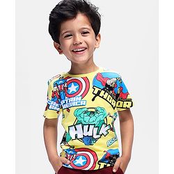 Babyhug Marvel Single Jersey Knit Half Sleeves T-Shirt with Avengers Print -Yellow