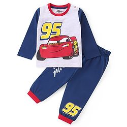 Babyhug Disney Single Jersey Knit Full Sleeves Night Suit With Disney Cars Graphics- Grey & Blue