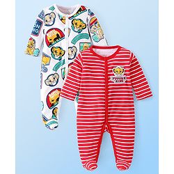 Babyhug Disney Interlock Knit Full Sleeves Footed Sleep Suits with Striped & The Lion King Graphics Pack of 2 - Red & White