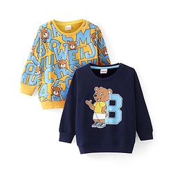 Babyhug Cotton Knit Full Sleeves Sweatshirts With Bear & Alphabates Print Pack of 2 - Navy Blue & Yellow