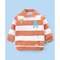 Babyhug Cotton Full Sleeves Striped Sweatshirt With Tiger Graphics & Oversized Print - Light Brown