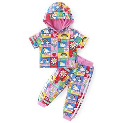 Babyhug Cotton Knit Half Sleeves Floral Printed Hooded Top & Lounge Pants Co-Ord Set - Multicolor