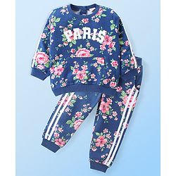Babyhug Cotton Knit Full Sleeves Sweatshirt & Lounge Pants Co-Ord Set With Floral Print - Navy
