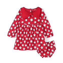 Babyhug Single Jersey Knit Full Sleeves Frock With Bloomer Floral Print & Bow Detailing - Red