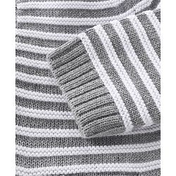 Babyhug Knitted Full Raglan Sleeves Front Open Striped Hooded Sweater Set with Cap & Pockets - Light Grey