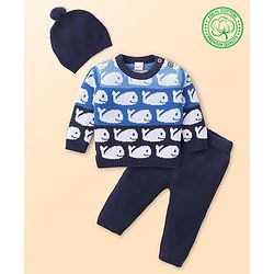 Babyhug Knitted Full Sleeves Pullover Sweater Set with Cap & Whale Design - Navy Blue
