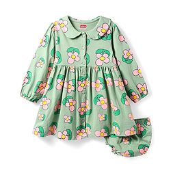 Babyhug Full Sleeves Floral Printed Frock With Peter Pan Collar & Bloomer - Light Green