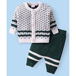 Babyhug Knitted Full Sleeves Front Open Sweater Set With Polka Dot Design - Green & White