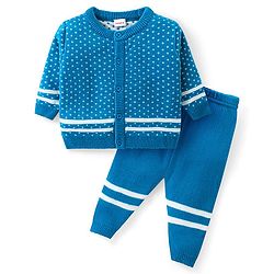 Babyhug Knitted Full Sleeves Front Open Sweater Set with Polka Dot Design - Aqua Blue