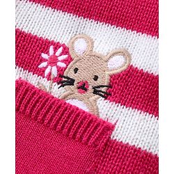 Babyhug Knitted Full Sleeves Front Open Sweater Set With Stripes & Floral Embroidery - Pink