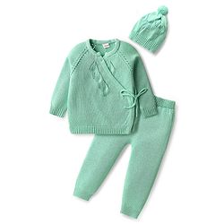 Babyhug Cotton Knit Full Raglan Sleeves Sweater Set with Cap - Sea Green