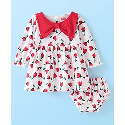 Babyhug Bow Applique Full Sleeves Floral Printed Frock with Bloomer - White