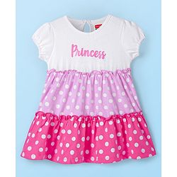 Babyhug Single Jersey Knit Half Sleeves Frock with Polka Dots & Text Print - Pink & White