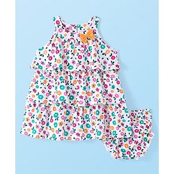 Babyhug Single Jersey Knitted Sleeveless Frock with Bloomer Floral Print - White Pink & Green
