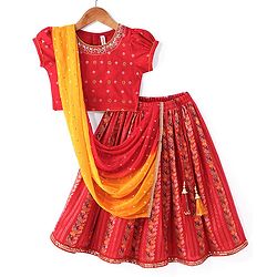 Babyhug Brocade Woven Half Sleeves Floral Embroidered Choli Lehenga Set with Dupatta Mirror Work & Lace Detailing - Red