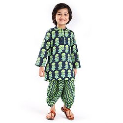 Babyhug Cotton Woven Full Sleeves Kurta Pyjama Set with Floral Print - Navy Blue & Green