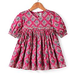 Babyhug Cotton Woven Three Fourth Puffed Sleeves Ethnic Dress with Floral Print & Lace Detailing - Dark Pink