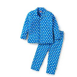 Babyhug Cotton Knit Full Sleeves Front Open Collared Night Suit Star Print - Blue
