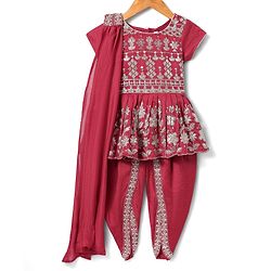Babyhug Woven Sleeveless Kurti Dhoti And Dupatta Set with Sequenced & Floral Embroidery - Dark Pink