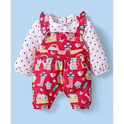 Babyhug Single Jersey Knit Full Sleeves Polka Dots Printed T-Shirt & Dungaree Set with Floral Print - Red & White