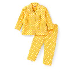 Babyhug Cotton Knit Full Sleeves Front Open Night Suit With Polka Dot Print - Yellow
