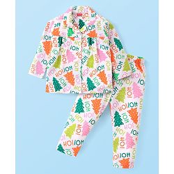 Babyhug Cotton Knit Full Sleeves Front Open Christmas Theme Printed Night Suit - White