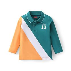 Babyhug Cotton Knit Full Sleeves Polo T-Shirt with Text Print - Green & Orange
