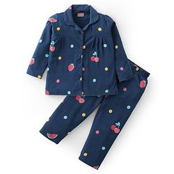Babyhug Cotton Knit Full Sleeves Collared Night Suit With Fruits & Polka Dots Print - Navy