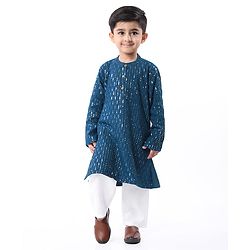 Babyhug Woven Sequin Embroidered Full Sleeves Kurta Pyjama Set - Teal