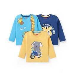 Babyhug Cotton Knit Full Sleeves T-Shirts With Animals Graphics Pack of 3 - Blue & Yellow