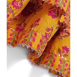 Babyhug Woven Three Fourth Sleeves Choli Lehenga Set & Dupatta With Floral Print & Lace Detailing - Yellow