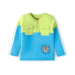 Babyhug Cotton Knit Full Sleeves Cut & Sew Design T-Shirt with Bear Graphics - Green & Light Blue