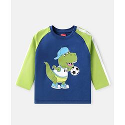 Babyhug Cotton Knit Full Raglan Sleeves T-Shirt with Dino Graphics - Navy Blue & Green