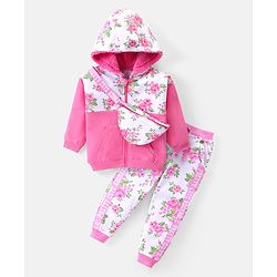 Babyhug Cotton Knit Full Sleeves Hooded Front Zipper Floral Printed Top & Lounge Pants Set With Sling Bag - White & Pink