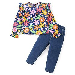 Babyhug Cotton Knit Full Sleeves Frill Detailed Floral Printed Top & Denim Pants Set - Navy