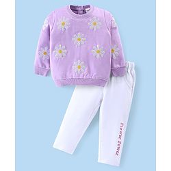 Babyhug Cotton Knit Full Sleeves Floral Sequins Printed Top & Lounge Pants Set - Lavender & White
