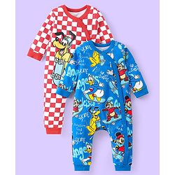 Babyhug Disney Interlock Knit Full Sleeves Rompers with Mickey Mouse & Friends Graphics Pack of 2 - Red & Blue