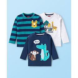 Babyhug Cotton Knit Full Sleeves T-Shirts with Stripes & Animals Graphics Pack of 3 - Blue & White